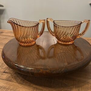 VTG Pink Imperial Twisted Optic Depression Glass Creamer and Sugar Bowl Tea Set